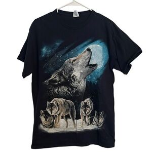 Vintage‎ Wolf Pack Blue Moon Graphic T-Shirt Rare Big Print Wolves Nature Size L